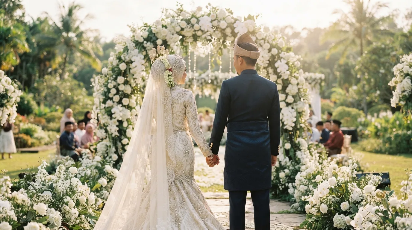 Pasangan pengantin berpegangan tangan menghadap gerbang bunga